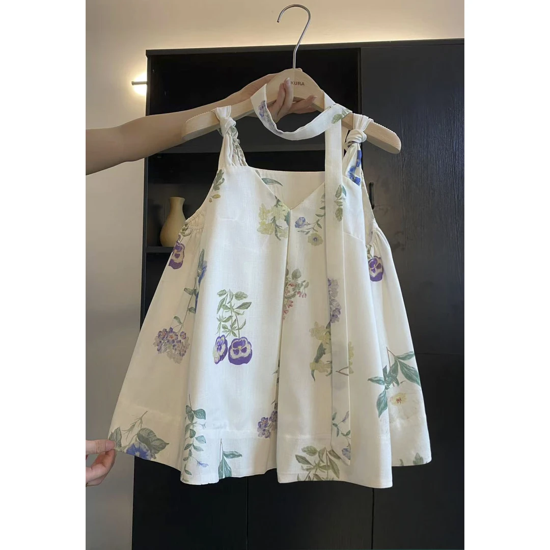 璎婲sᴀᴋᴜʀᴀ【云影花枝】岚韩版飘带V领肩膀扭结气质碎花背心吊带