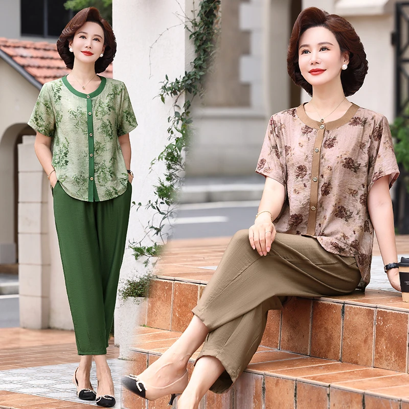 中老年夏季妈妈洋气套装女夏装新款大码宽松短袖加宽加大两件套女