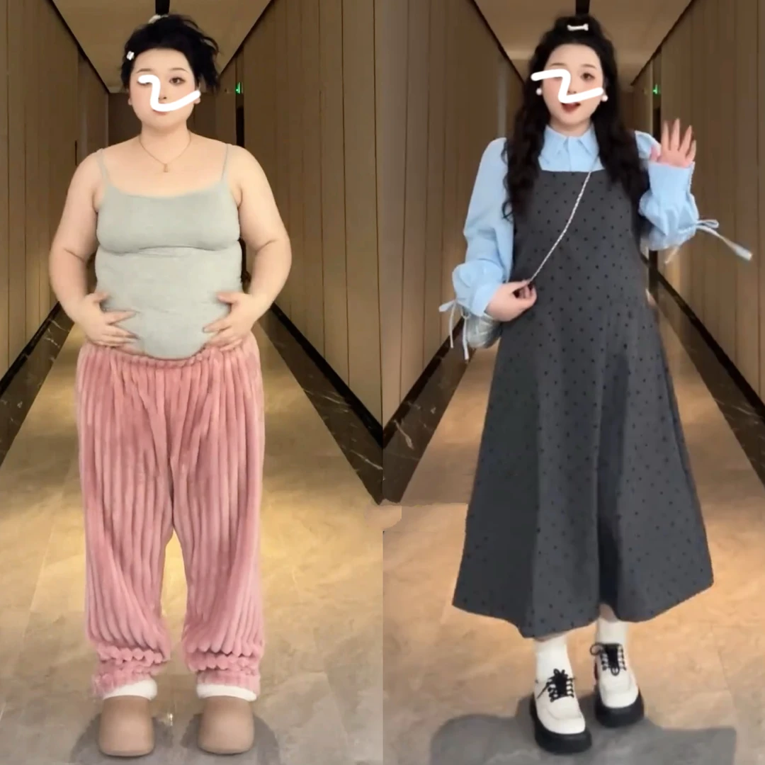 大码微胖法式假两件衬衫连衣裙女秋季时尚波点背心裙胖MM显瘦裙子