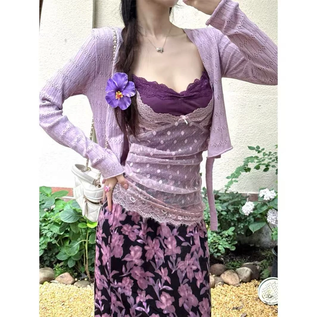 【三件套】盛夏栀子防晒开衫女夏新款穿搭长袖蕾丝吊带设计感连衣裙