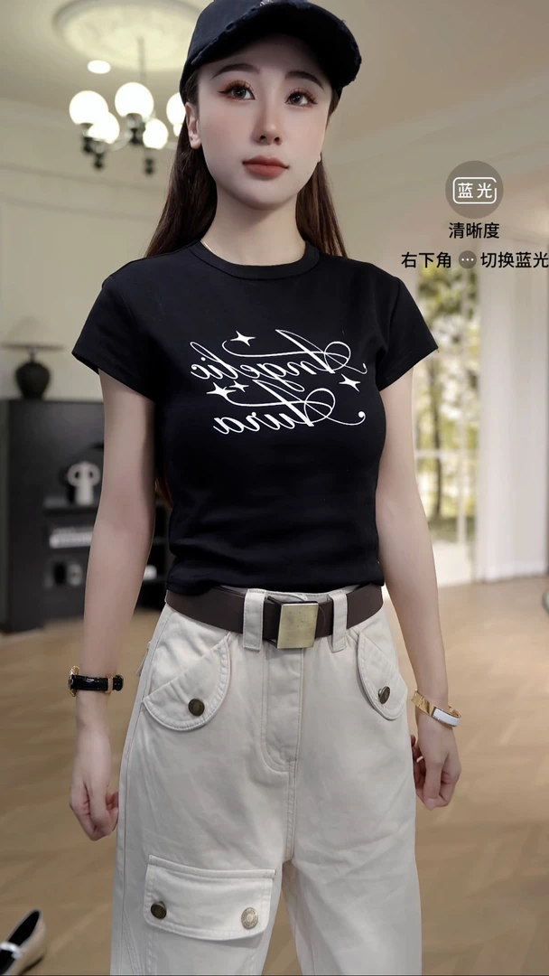 思思小个子女装【夏季新款显瘦百搭黑色印花体恤】#25F244