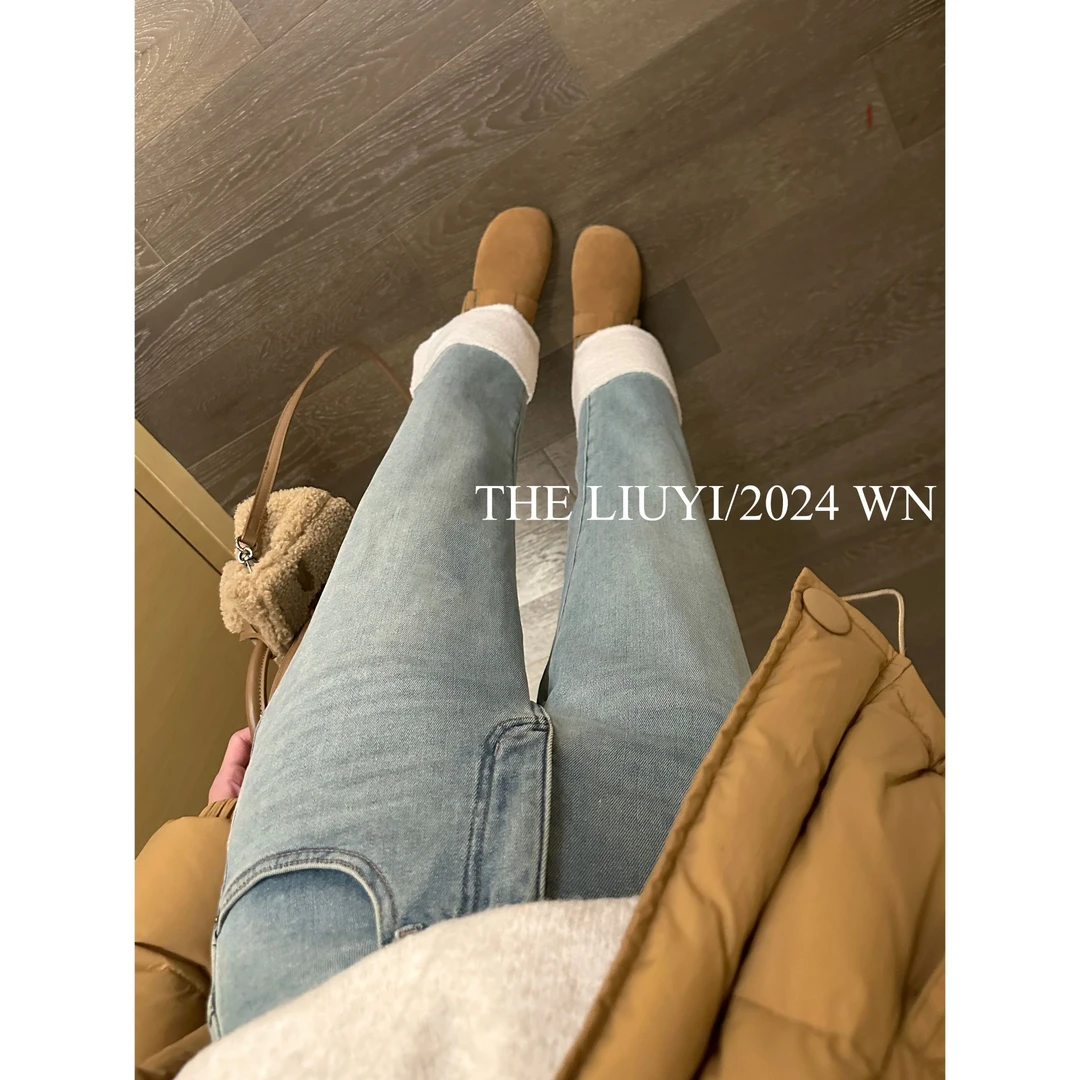 【LIUYI】羔羔裤~冬季拼接毛毛加绒烟管牛仔裤410262