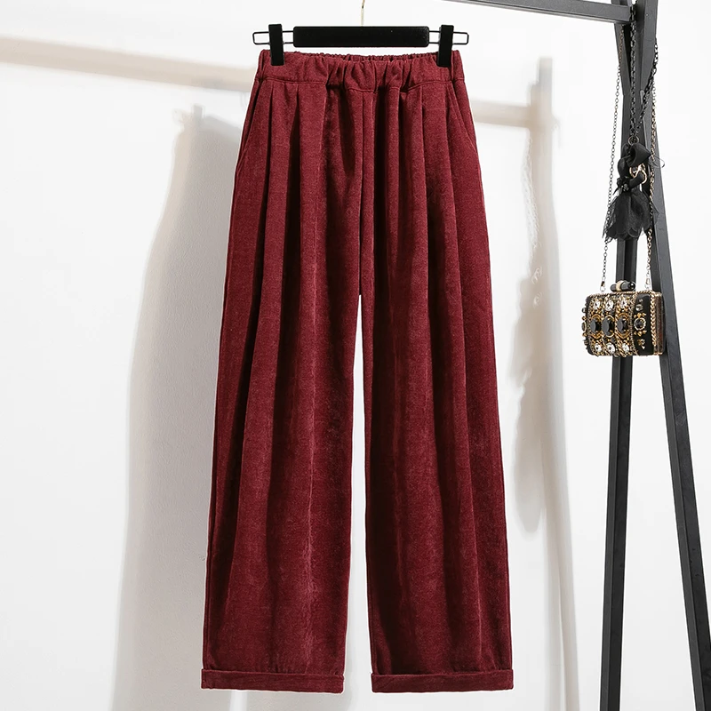 秋冬季新款大码好质量简约百搭休闲宽松型阔腿裤长裤高腰丝绒纯色