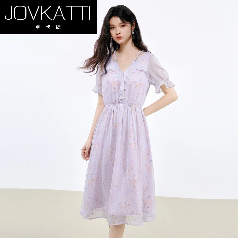 Jovkatti时尚百搭短袖连衣裙2025年夏季新款女法式V领碎花中长裙