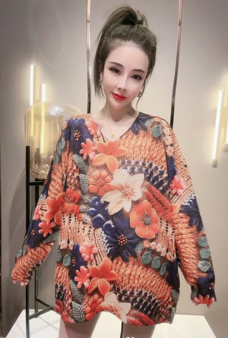 春兰花-V领2025年春秋花色气质网红时尚休闲百搭复古印花时尚爆款