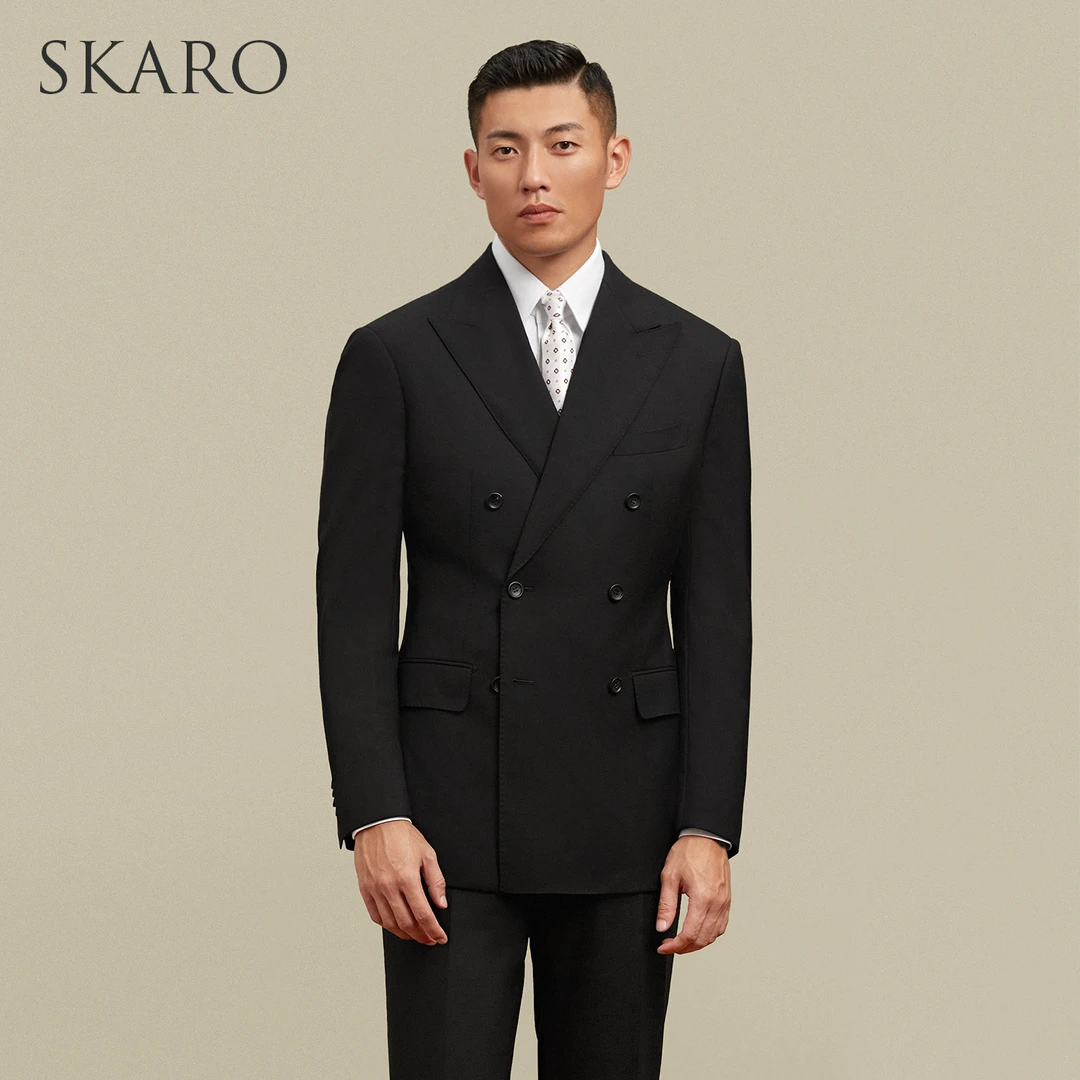 【澳洲MERINO羊毛】SKARO黑色双排扣西服套装男商务正装结婚西装