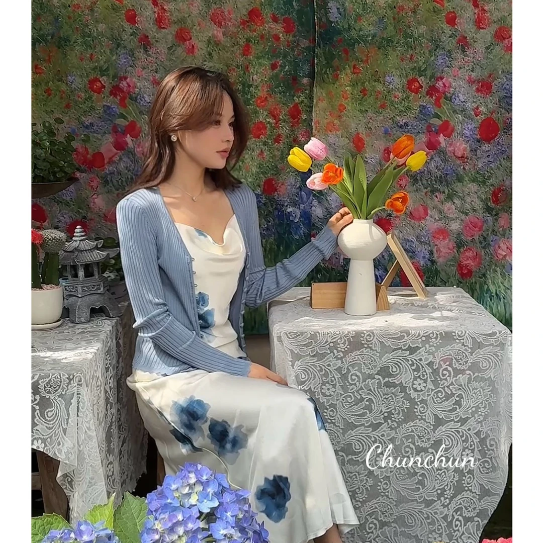 【晕染夏日】法式缎面印花吊带裙C250313