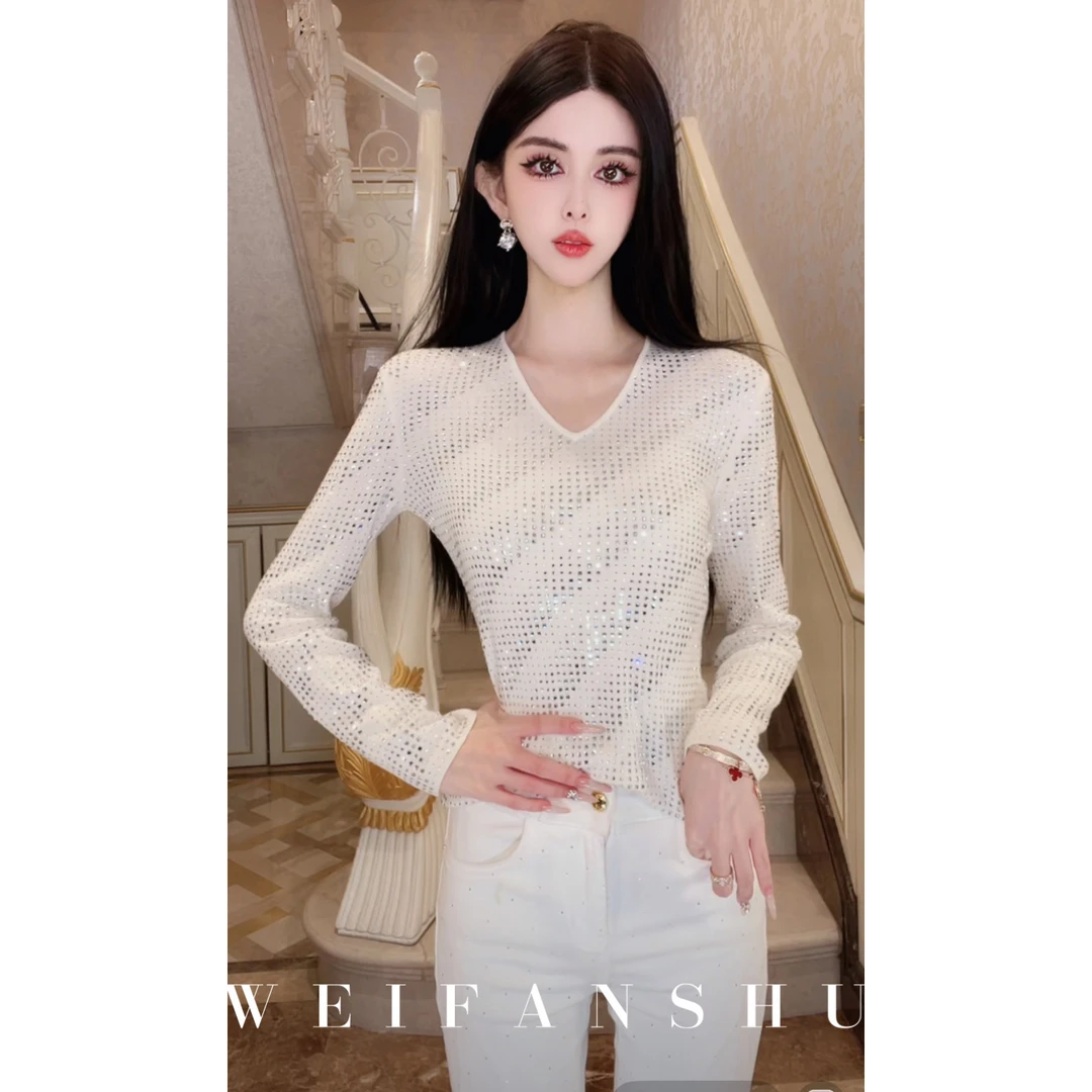 WEIFANSHU/魏凡舒【暮雪星光】秋冬新款时髦百搭修身亮片绵羊毛上衣