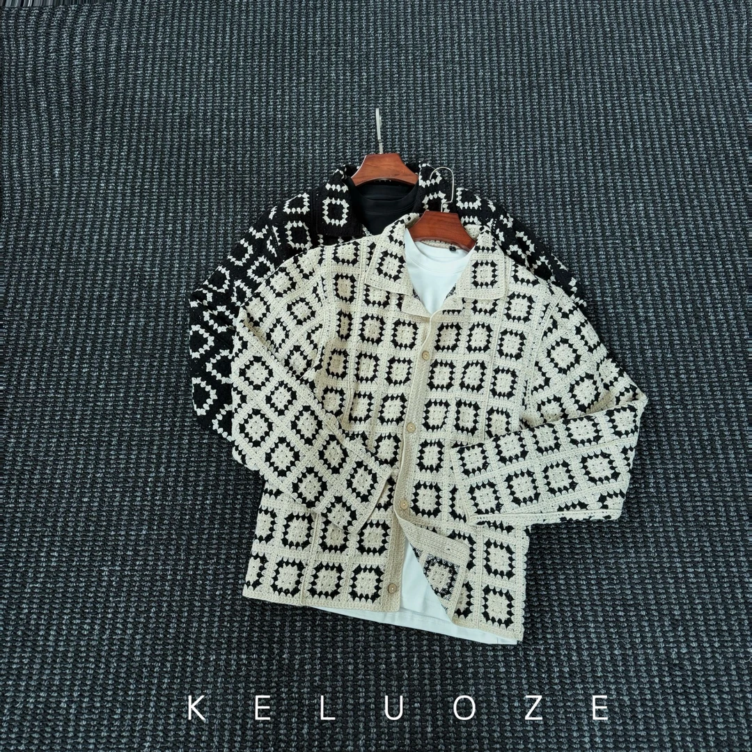 [黑弗Comino岛]秋季针织翻领钩织提花长袖针织衫外套