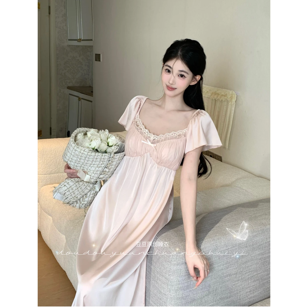 柔柔【粉黛】月光丝短袖睡裙高腰显瘦夏季显高显白睡衣女