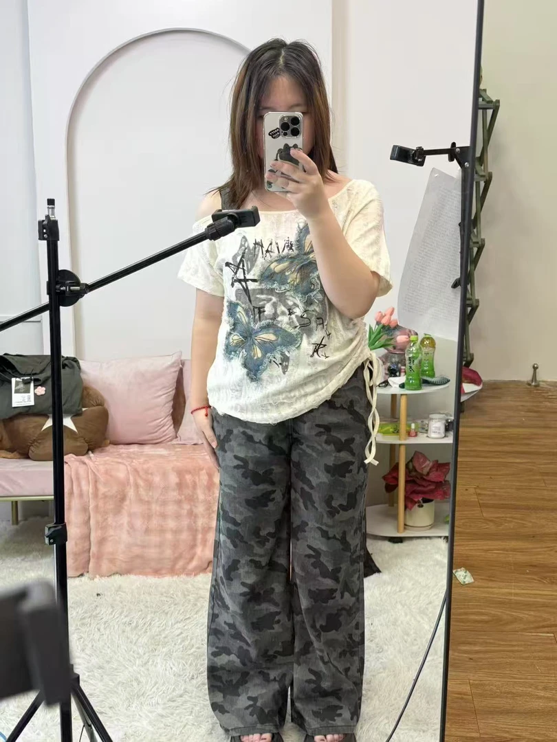 胖mm大码迷彩裤宽松时尚百搭高腰阔腿新款高端牛仔裤女561