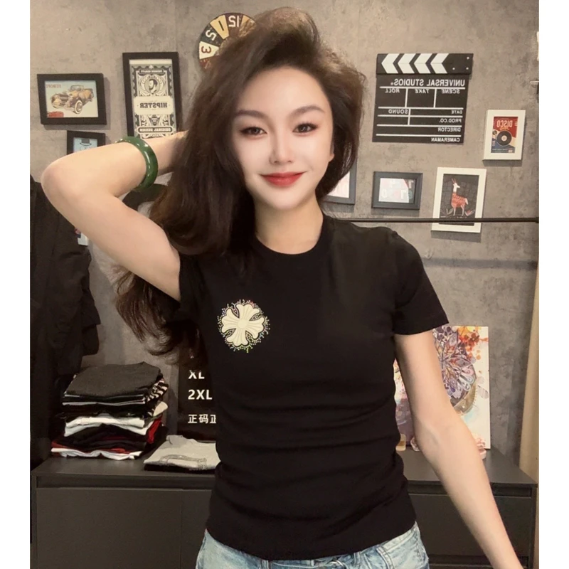 高弹力精梳棉短袖T恤女修身显瘦透气轻肤十字架贴布烫钻上衣