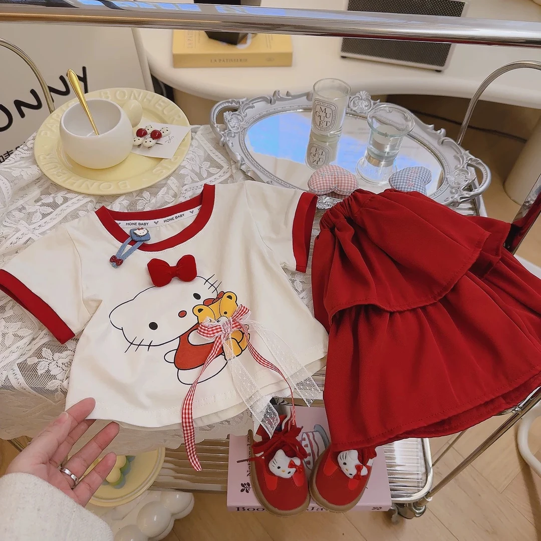 2025夏季新款女童拼色立体小猫卡通印花休闲短袖上衣百搭