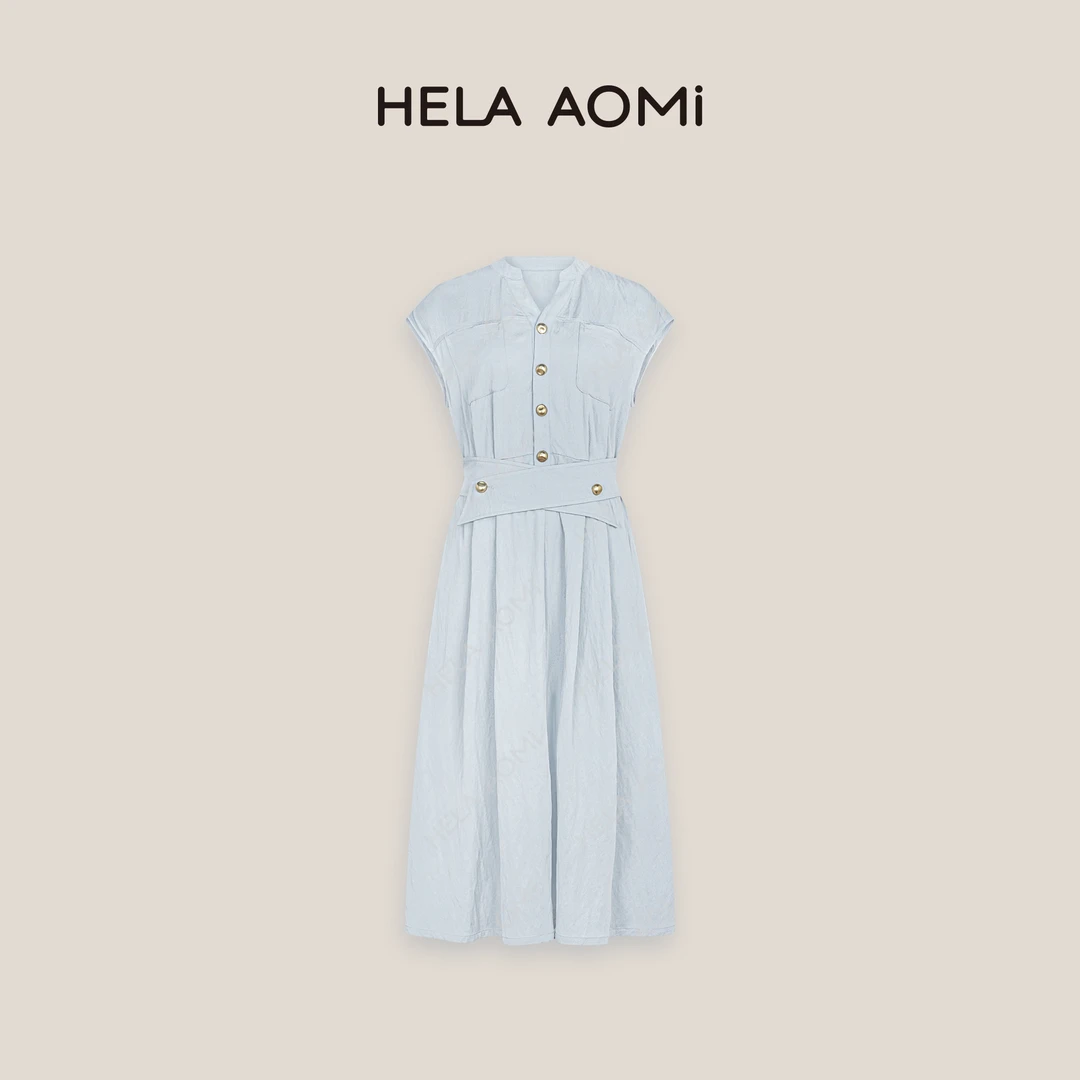 HELAAOMI “鸢尾蓝”知性优雅V领飞袖交叉腰带连衣裙CY5BB72659
