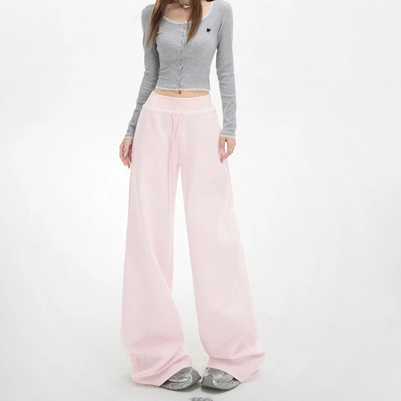 RJVO慵懒风高腰阔腿裤女秋季新款粉色宽松直筒裤时尚抽绳休闲裤