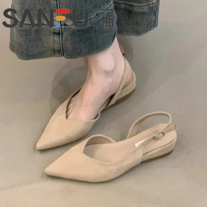 三福三福韩系包头凉单鞋女简约尖头百搭不累脚2025夏天新款时尚配