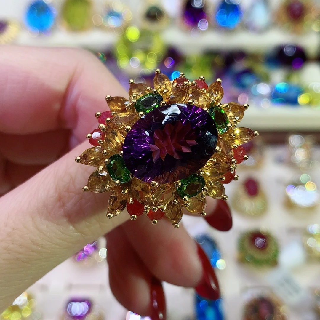 紫晶戒指银S925镀金镶嵌