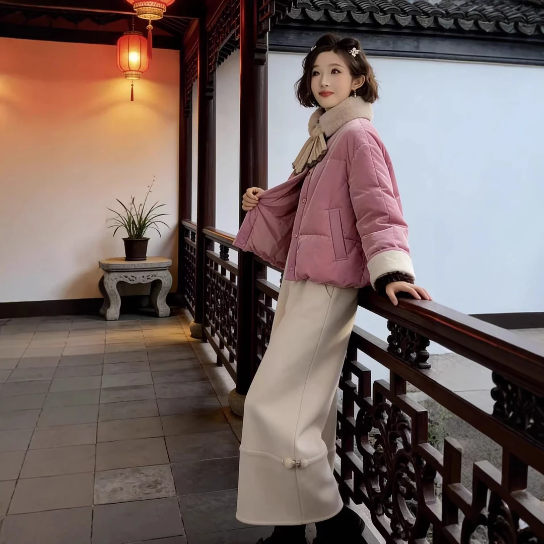 新中式国风丝绒提花上衣2025新款冬季高级感轻奢短款羽绒服外套