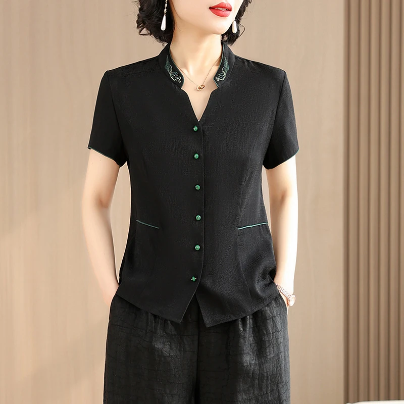 夏季新中式香云纱套装女中国风真丝衬衣上衣桑蚕丝体恤妈妈装