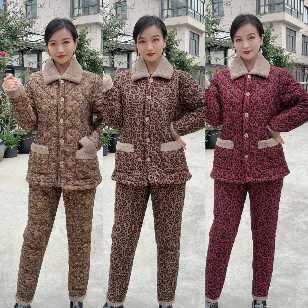 豹纹时尚保暖冬季长裤加绒睡衣中老年常规款碎花成人