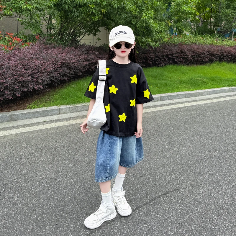 女童夏季新款2025薄款韩版宽松休闲印花短袖T恤牛仔短裤两件套潮
