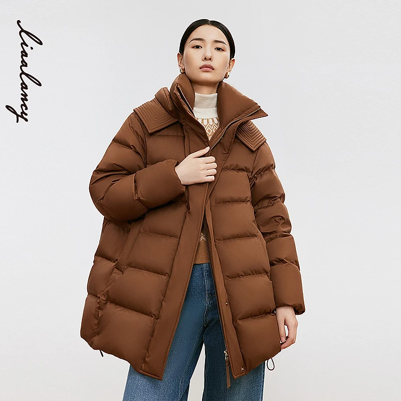 【匈牙利90白鹅绒】LANCY/朗姿厚款中长款连帽羽绒服女