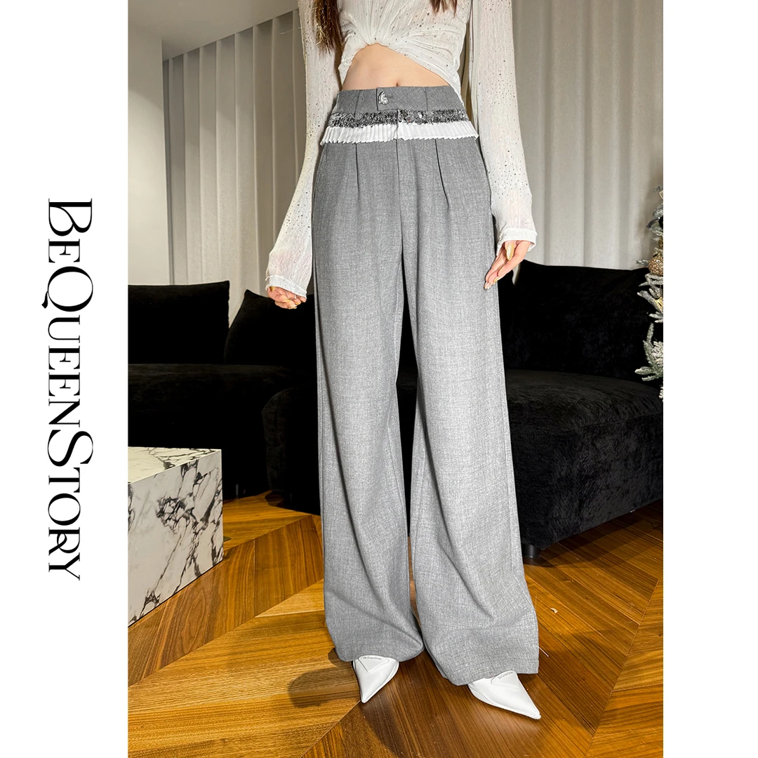 余潇潇【灰度剪影】时髦设计感拼接压褶珠片西装阔腿裤