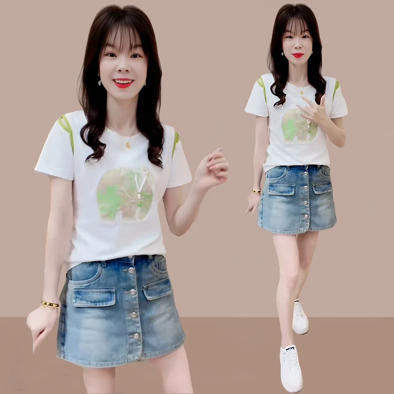 高含棉2025夏季新款时尚女短袖刺绣小露肩撞色上衣ins显瘦百搭T恤