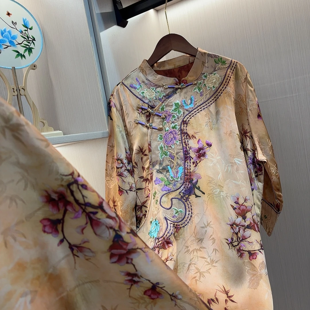 花枝-2025新中式中国风夏季复古改良旗袍显瘦连衣裙