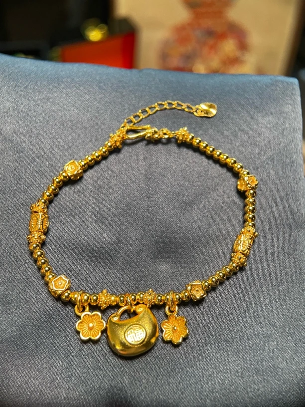 铜合金手链 饰品手串小锁盘缠手链金色串珠