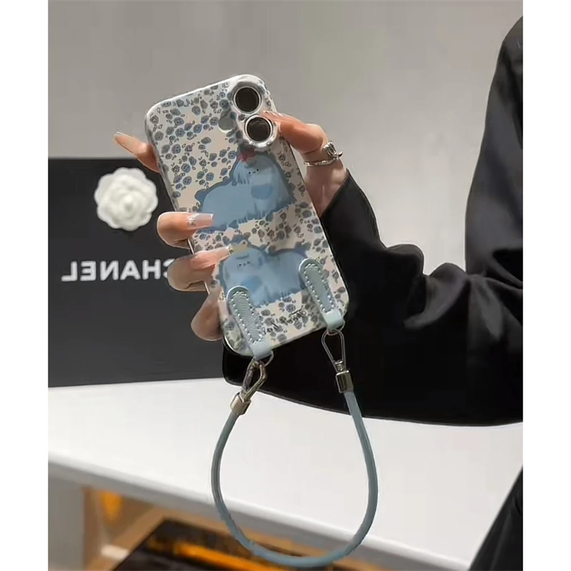 蓝碎花狗狗挂绳适用iphone16/15手机壳苹果14华为P70oppo小米vivo
