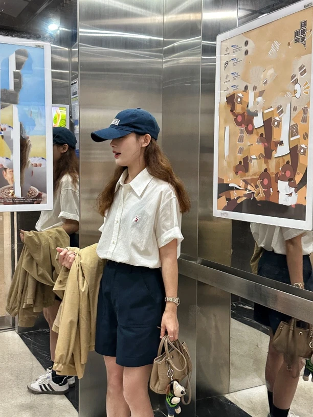 夏季红色刺绣不褪色POLO领短袖衬衫白色衬衣