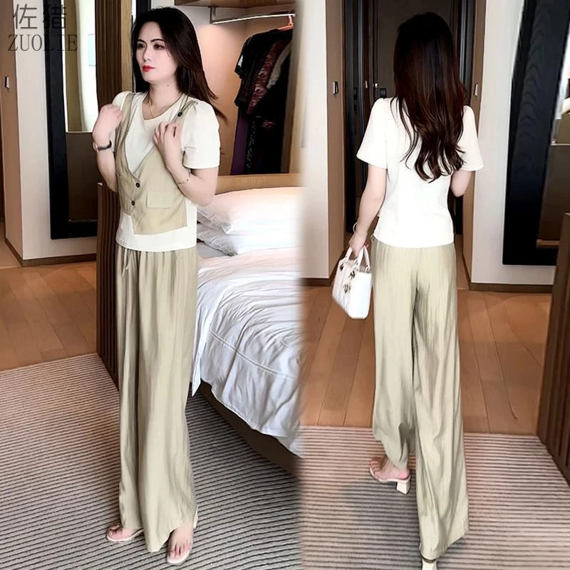 时尚套装女2025夏季新款洋气显瘦假两件短袖阔腿裤减龄宽松两件套