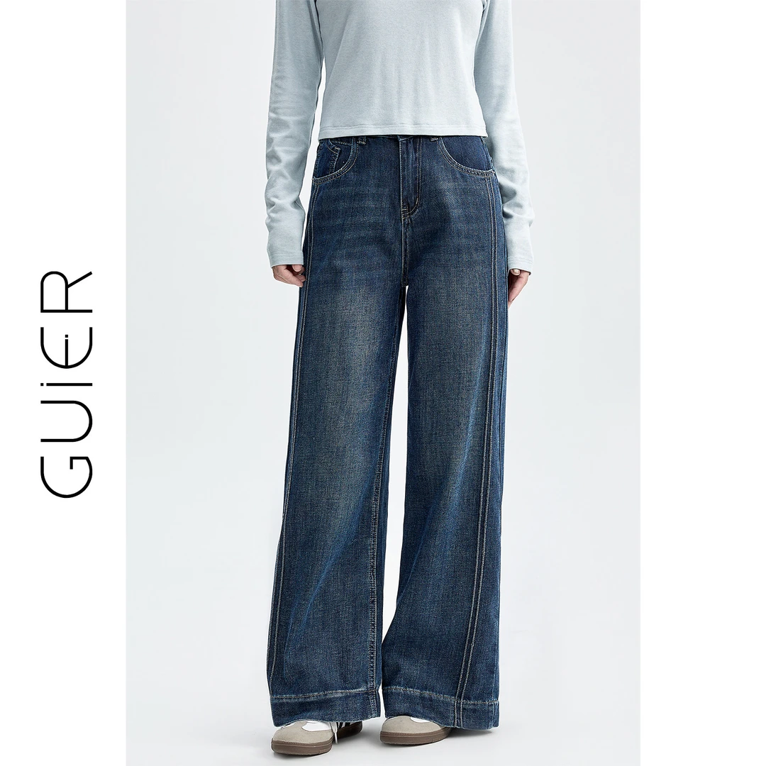 蓝色直筒牛仔裤女2025新款秋季复古显瘦高腰宽松阔腿裤28449