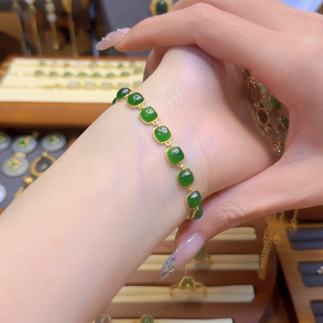 和田玉手链银S925镀金镶嵌