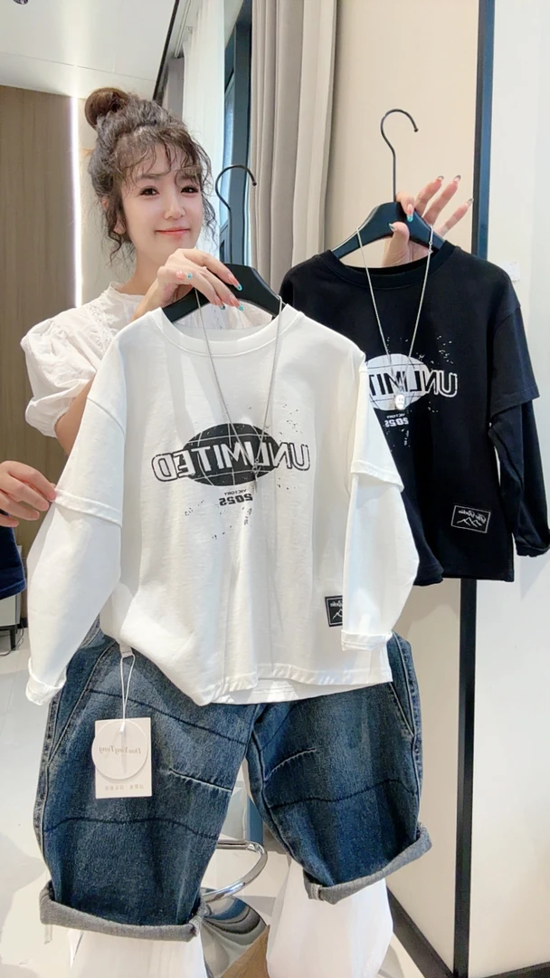 {春秋T恤}男童纯棉新款长袖T恤男孩洋气儿童假两件打底衫