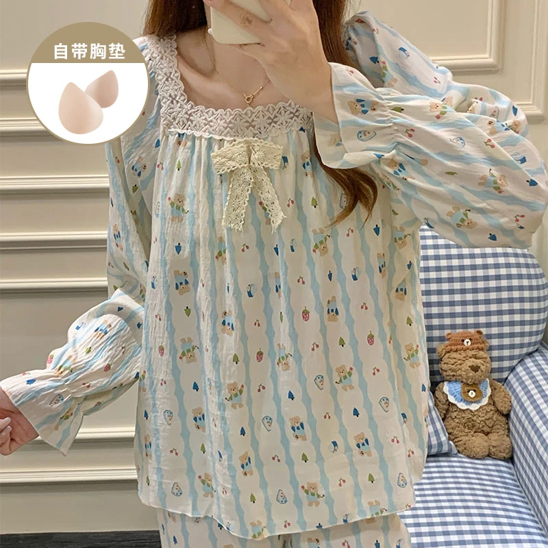 卡通风条纹带胸垫睡衣女款春秋季爆款长袖长裤女士网红家居服套装