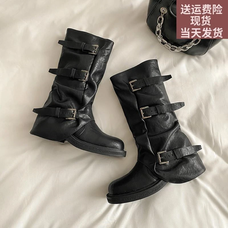 牛皮版~超软粗跟厚底中筒靴女2024秋冬新品废土风堆堆靴马丁靴子