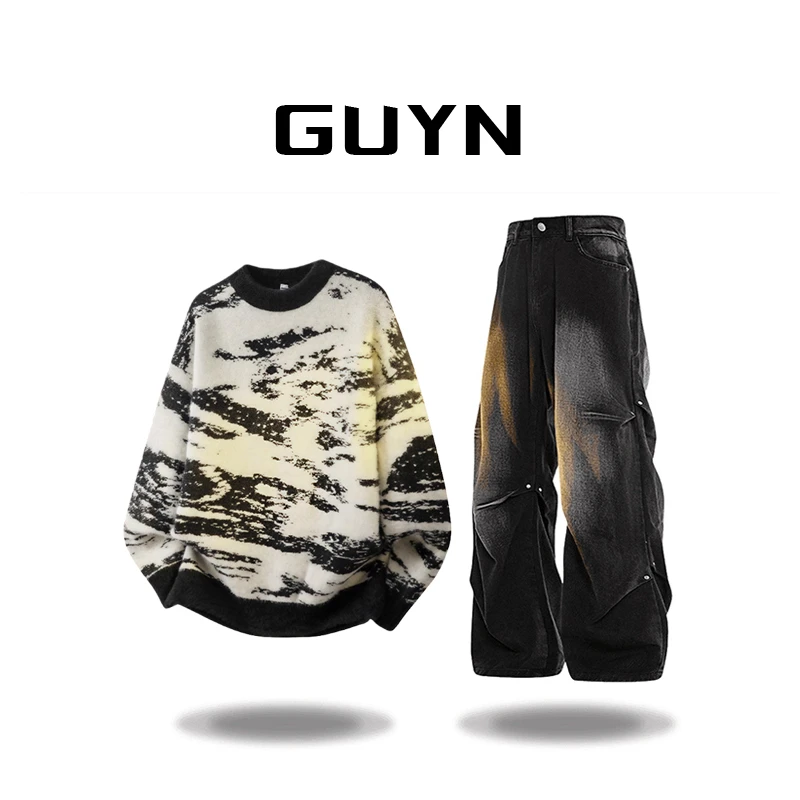 【品牌正品现货】GUYN美式扎染印花针织衫男秋冬百搭慵懒风痞帅套装