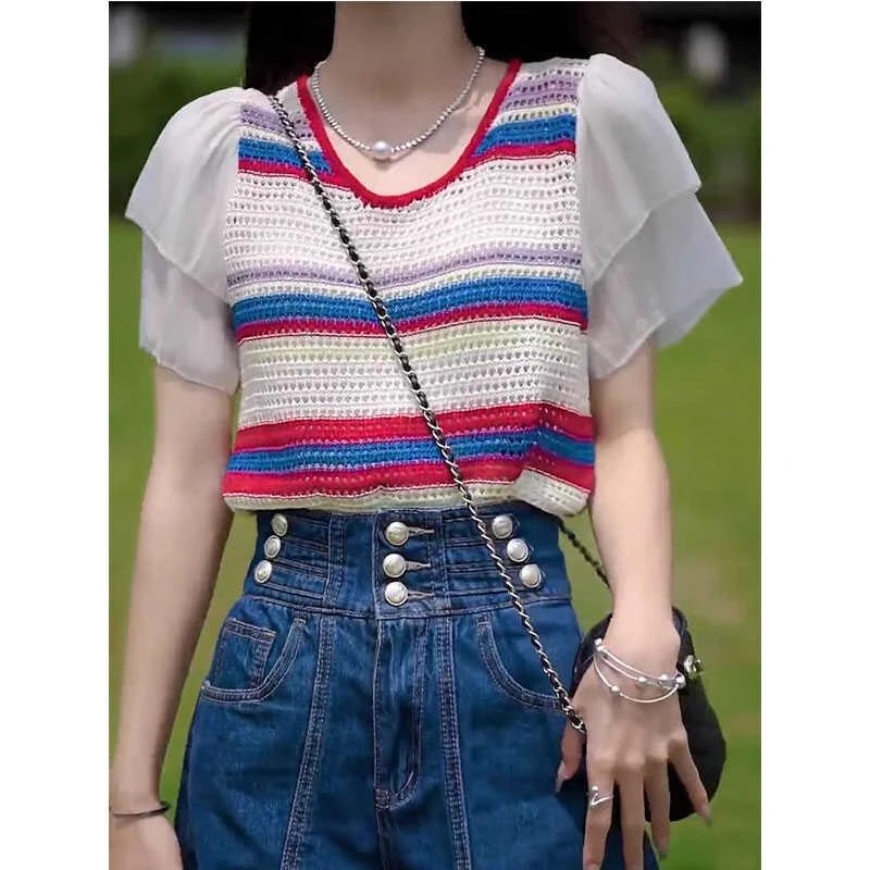 韩版条纹撞色时尚拼接蕾丝袖针织上衣女夏季高腰百搭牛仔短裤套装