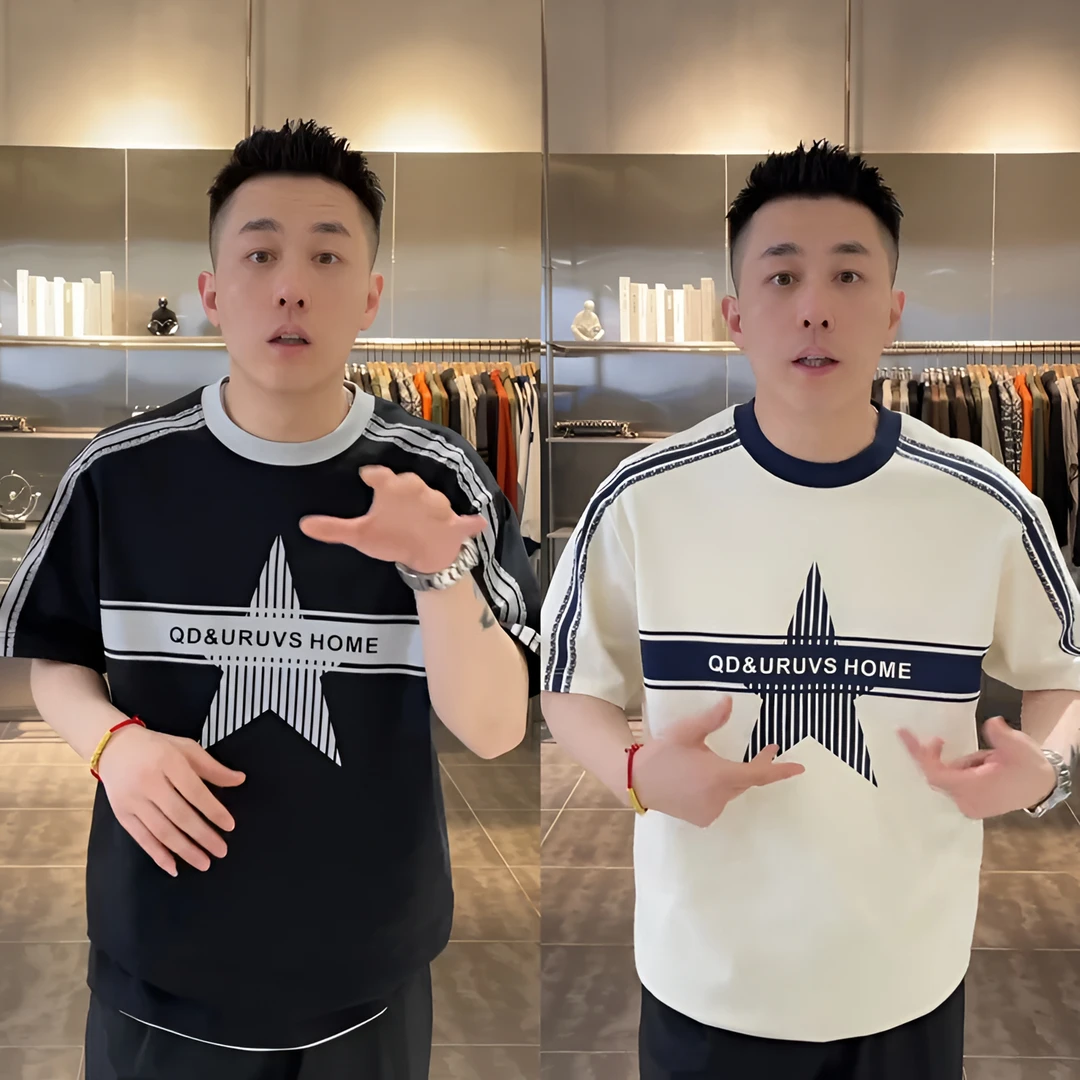 夏季新款明线印花休闲圆领短袖T恤男士潮流时尚百搭透气圆领半袖