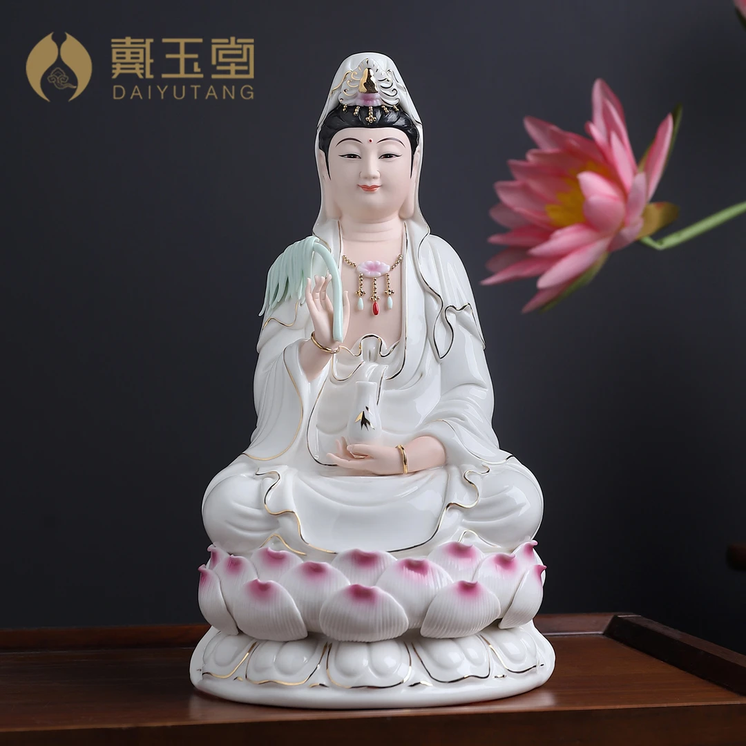 戴玉堂德化瓷观/音桌面摆件坐莲描金观/音客厅茶空音摆件陶瓷工艺