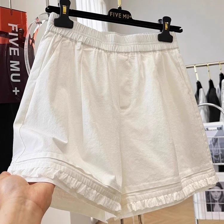 时尚百搭木耳边短裤女2025夏季新款宽松高腰显瘦百搭阔腿裤子爆