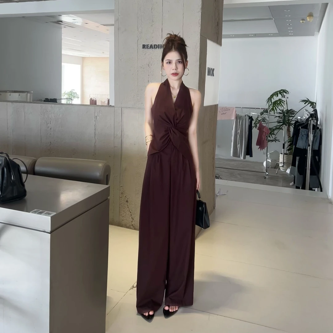 XIAOQIN【悦己至上】夏季V领挂脖扭结气质上衣直筒阔腿裤套装T074