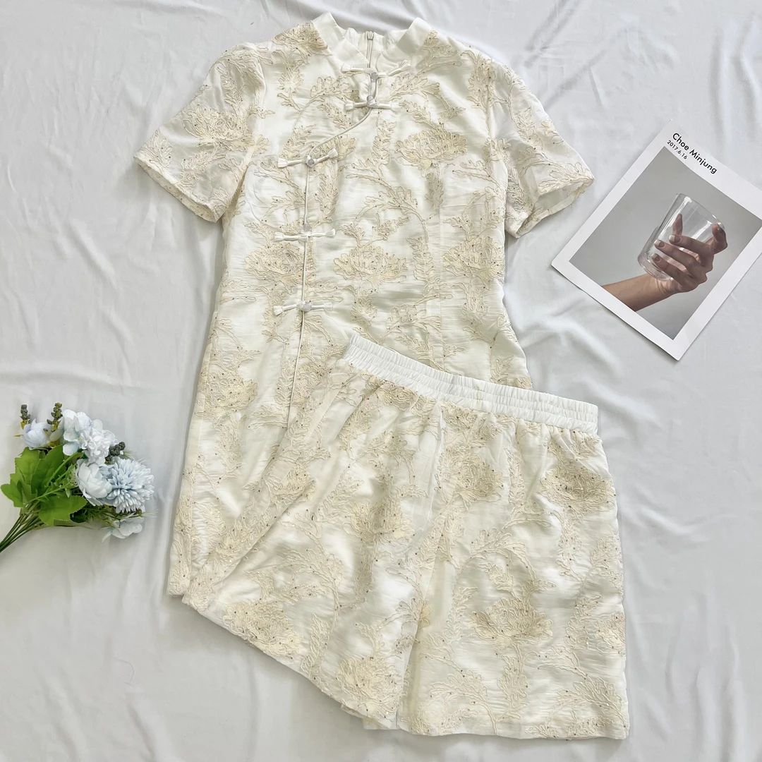 【叶子服饰】夏季新款重工刺绣提花旗袍搭配短裤两件套25911