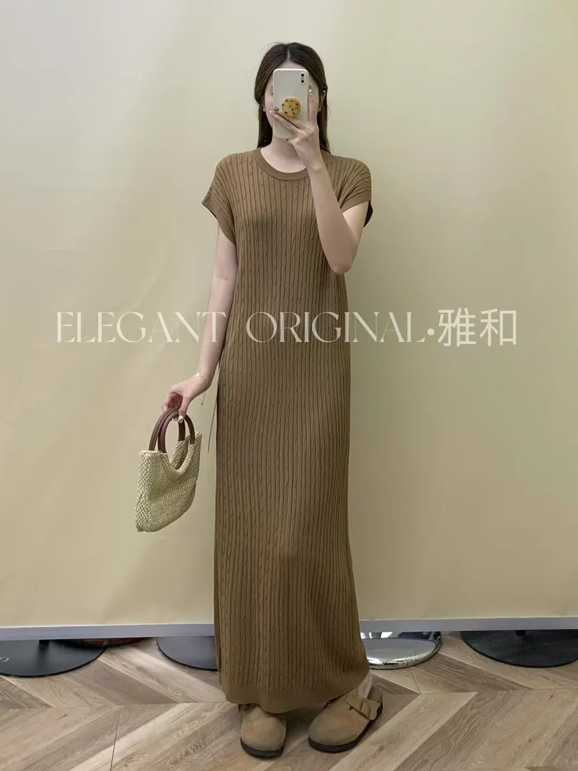 2025新款气质冰曲竖坑麻花修身开叉连衣裙针织长裙裙子百搭夏天