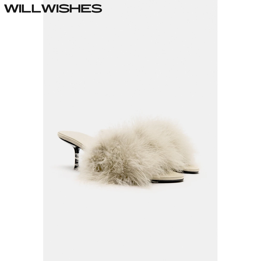 WILLWISHES/王玎原创设计时尚毛毛高跟鞋女一脚蹬羽毛凉拖鞋外穿