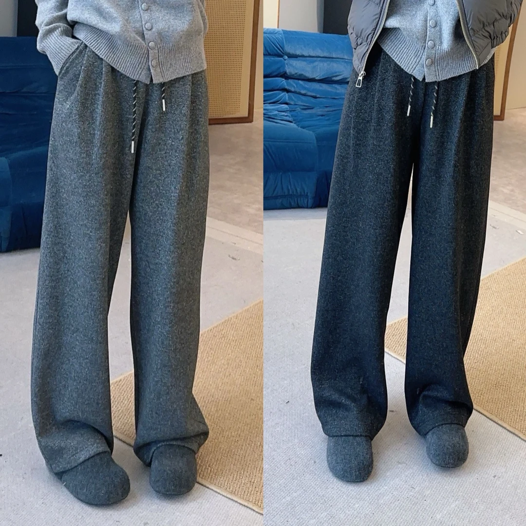 冬季加绒松紧腰复古慵懒感抽绳直筒休闲裤小个子 F9810