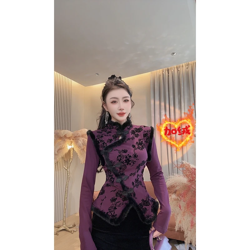 【美美专享】13135秋冬新款新中式风蕾丝植绒加绒上衣女