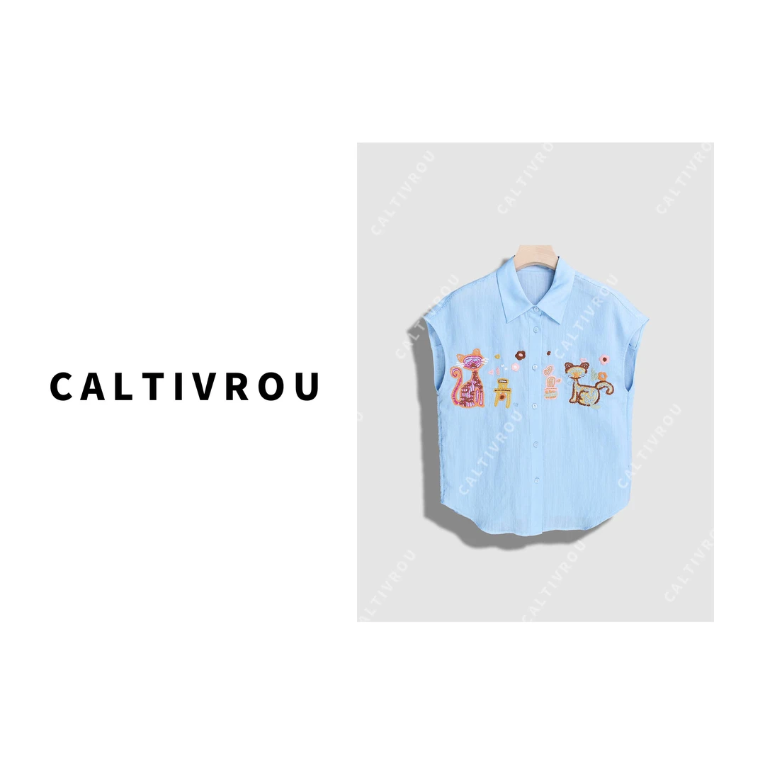 Caltivrou【粥粥】重工猫咪刺绣翻领小飞袖衬衫-Y17368